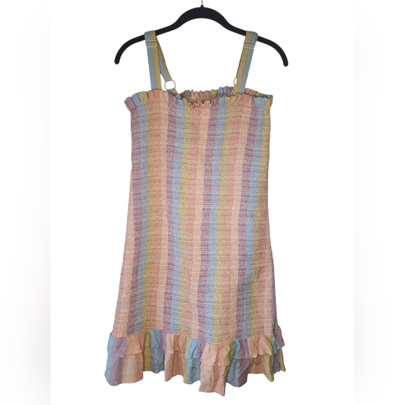 AMERICAN EAGLE Pastel Rainbow Smocked Ruffle Mini Dress, size M - Picture 2 of 7